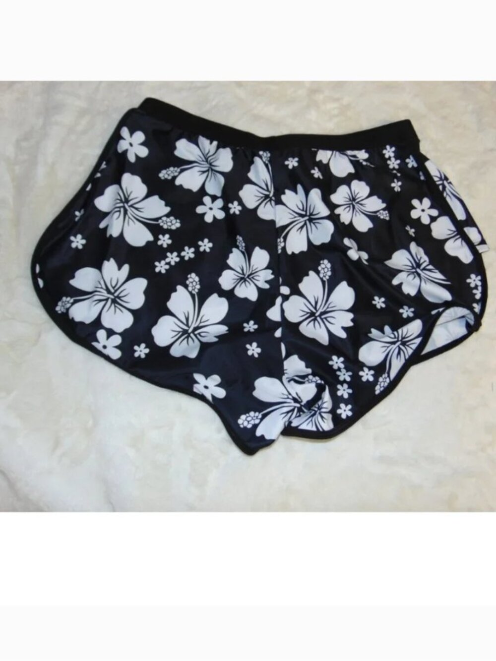 Tiger Swim Board Shorts Womens XL Black White Floral Swim Bottoms Elastic Waist